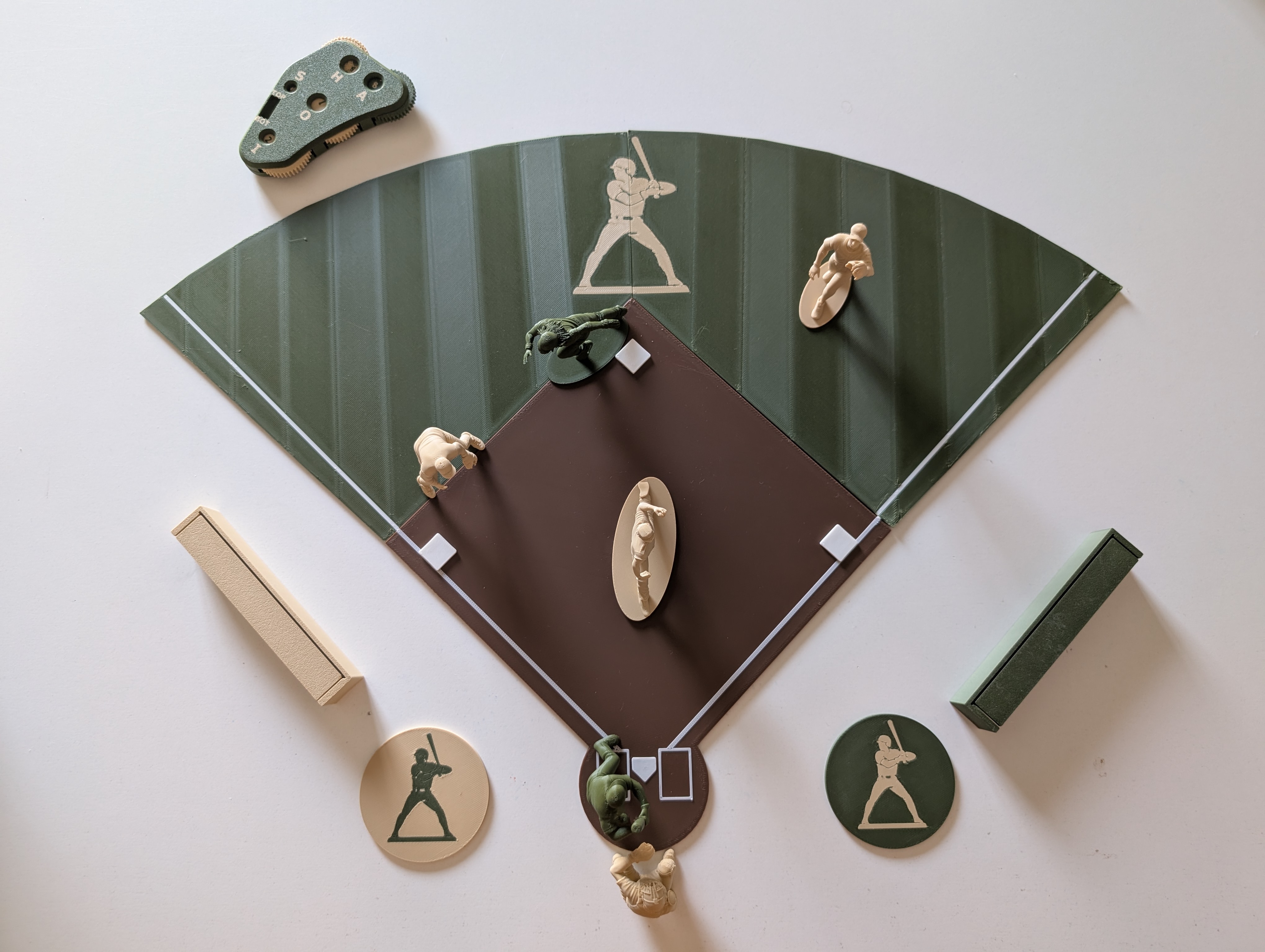 Baseball Army Men game set — high level overview of all pieces on the velvet field